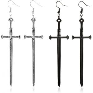 Kgabery-2 Double Gothique Poignard Épée Boucles D'oreilles Vintage Longue Épée Crochet Boucles D'oreilles Punk Knife Femme Pendentif Boucles D'oreilles-Argent Noir - Neuf