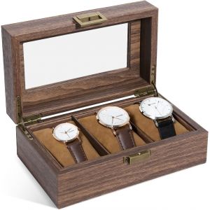 Kal-Boîte À Montres Avec 3 Compartiments, Boîte De Rangement Pour Montres Avec Couvercle En Verre Boîte De Présentation Multifonctionnelle Pour Hommes Et Femmes - Neuf