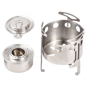 RéChaud à Alcool 2 En 1 130 Ml, BrûLeur à Alcool Portable En Acier Inoxydable Avec Couvercle D'extinction D'incendie Et Support Coupe-Vent Pour Le Camping En Plein Air - Neuf