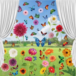 CAUC-Autocollants de Fen&ecirc;tre Printemps, 9PCS Large Autocollants de Fen&ecirc;tre de Papillon Fleur Autocollants Anti-Collision Sticker, pour Fen&ecirc;tre Oiseau Fleurs Arbre D&eacute;coration Fournitures de F&ecirc;te - Neuf