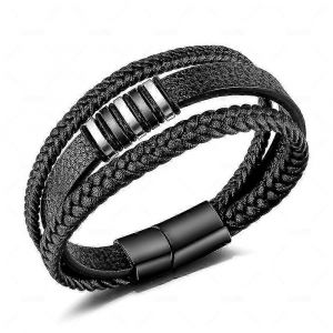 Bracelet En Cuir Noir Pour Homme, Bracelet Large En Cuir, Bracelet Enroul&eacute; Avec Fermoir Magn&eacute;tique - Neuf