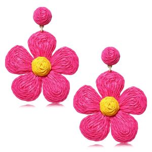 Boucles D'oreilles Pendantes En Rotin Pour Femme, Style Bohème, En Raphia, Avec Fleurs Enveloppées De Paille, Bijoux D'été Tropicaux Pour La Plage (Rose Rouge) - Neuf
