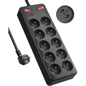 JGD-Multiprise avec Interrupteur, 10 Prises Fran&ccedil;aises avec Terre 16A 2P+T,Bloc Prise Multiple Charge Rapide PD20W, 2100J Parafoudre et Surtension,Cuisine et Bureau Rallonge Electrique 2 M C&acirc;ble, Noi - Neuf