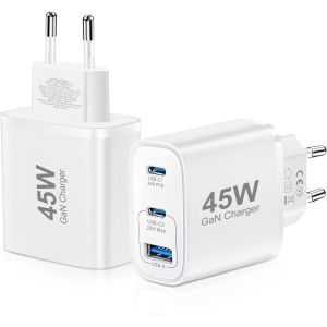 Pack De 2 Chargeurs Usb C 45w Alimentation Gan Pour Iphone/Samsung Galaxy S25/S24/S23/S22/S21 Iphone 16/15/14/13/12/11 Pro Max,3 Port Type C Usb Multiple Pps Chargeur Rapide (Blanc) - Neuf