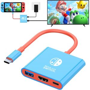 NAERYUT-Adaptateur Usb C Vers Hdmi Pour Ns Switch/Oled,Dock 3 En 1 Tv Switch Adaptateur Avec Câble Hdmi 4K,Charge De Type C 100 W,Compatible Avec Ns Switch/Oled,Steam Deck,Smartphones,Pc (Bleu) - Neuf