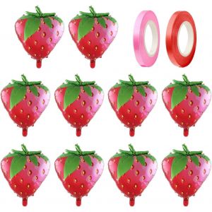 CAUC-10 Ballons Fraises Et 2 Rubans, Ballons En Forme De Fruit, Ballons De D&eacute;coration De F&ecirc;te, Ballons En Aluminium, Accessoires De Ballon, Rubans D&eacute;coratifs - Neuf