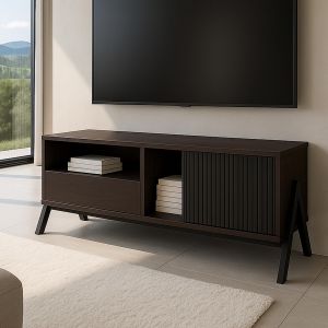 Meuble TV HWC-O40, meuble TV bas, porte coulissante, compartiments de rangement, tiroir, MDF, m&eacute;tal, m&eacute;lamine, 49 x 120 x 40 cmaspect noyer - Neuf
