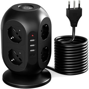 Multiprise verticale avec 8 prises et 3 USB, 1 USB C, &eacute;lectrique, protection surtension, avec c&acirc;ble 2 m et interrupteur, mod&egrave;le italien 2 500 W - Neuf