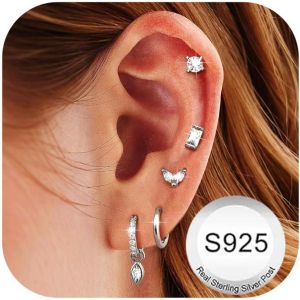 Kal-Paires Boucles D'oreilles Femme Argent 925 Plaquée Or 14k Créoles Argent Boucles D'oreilles Zircon Piercing Oreille Cartilage Petites Boucles D'oreilles Femme Or Pour Piercings Multiples - Neuf