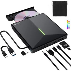 Lecteur CD Externe USB 3.0 et Type-C Portable CD/DVD +/-RW Graveur DVD Externe, Ultra Mince Lecteur DVD Externe pour PC Laptop Desktop iMac MacBook Pro/Air Windows 11/10/8/7/XP Linux Mac OS - Neuf