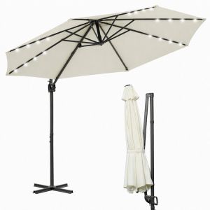 Parasol D&eacute;port&eacute; 300 Cm Beige Avec Led Solaire, Rotation 360&deg;, Inclinable 0&iquest;60&deg;, Toile Polyester 200 G/M&sup2; Uv50+ - Neuf