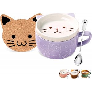 Cadeaux Pour Femme Et Elle Tasses À Café En Céramique Avec Couvercle Et Cuillère Motif Chat Violet Cadeau D'anniversaire Japonais Pour Filles Amies Enfants - Neuf