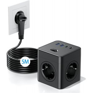 Cube Multiprise 8-en-1 avec Interrupteur, 4 Prises avec 2 USB-A et 2 USB-C, multiprise Power Cube avec Anneau de Traction, c&acirc;ble de 5m pour la Maison/Le Bureau, Noir - Neuf