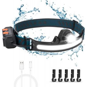 Lampe Frontale Rechargeable Puissante, 2000lm Torche Frontale Led Zoom Avec Capteur Mouvement,2200 Mah, 6 Modes Lampe Frontale Cob 270 ° Étanche Pour Course, Camping, Vélo, Réparation - Neuf