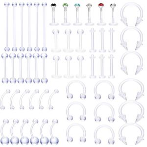 Lot De 54 Piercings Transparents En Acrylique Flexibles Pour Lèvres, Oreilles, Nez, Septum, Sourcils, Langue, Fer À Cheval, Barre Industrielle En Plastique - Neuf