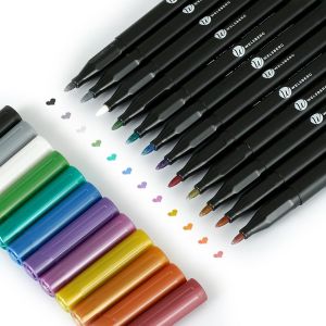 Kalanka-Welsberg Marqueurs Métalliques, 12 Couleurs Métallisées Avec Pointe De 1-2 Mm, Feutres Paillettes Pour Livre De Coloriage, Papier Noir Ou Blanc, Pierres, Cartes, Album Photo, Scrapbooking, Mé - Neuf