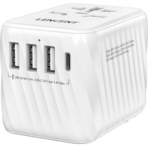 JGD-Adaptateur de Voyage, Prise Universelle Internationale avec 3 USB-A et 1 USB-C PD, Adaptateur Mondial Voyage France vers USA Canada UK Australie Chine Japon Irlande, Type A/C/G/I, Blanc - Neuf