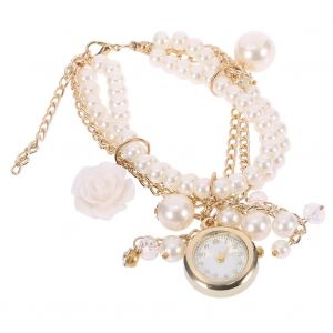 Femmes Femmes Femelle Imitation Perle Cha&icirc;ne Bracelet Montre Analogique Quartz Montre-Bracelet Blanc Rose - Neuf
