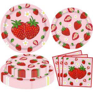 LETNERNY-120Pcs Service De Table Sur Le Thème De La Fra Accessoires De Fête D'Anniversaire À La Fra Décoration De Baies Décorations De Fête D'Anniversaire Sur Le Thème Des Fruits Assiettes Rose Sucré - Neuf