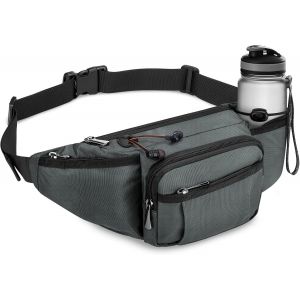 nzqaf-Sac Banane pour Homme et Femme avec Porte Bouteille, Sangle Réglable, 6 Poches Zippées pour la Randonnée, la Promenade du Chien, Le Jogging, Le Cyclisme, Les Voyages, la Course, Gris Sacs - Neuf
