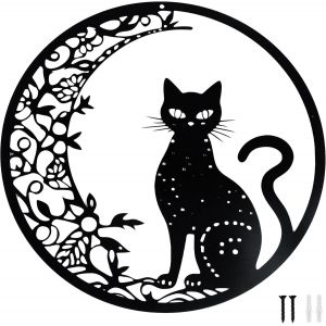 30cm Lune Et Chat Décoration Murale En Métal, Animal Tenture Murale Décor Silhouette Art Mural, Moderne Tenture Décor Silhouette Mur Art Pour Maison Chambre Cuisine Bureau Déco(Noir) - Neuf