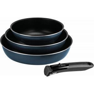 714253 Lot De 3 Po&ecirc;les Aluminium Press&eacute; &Oslash; 20/24/28 Cm - Rev&ecirc;tement Int&eacute;rieur Anti-Adh&eacute;sif 2 Couches - Coloris Bleu M&eacute;tal Mat - Manche Amovible Sitramovible - Tous Feux Dont Induction - Neuf