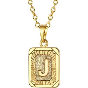Kal-Collier Lettre Femme Plaqu&eacute; Or Jaune, Pendentif Rectangle Avec Initiale, Cha&icirc;ne Rolo Ajustable De 2,5mm/50+5cm - Neuf