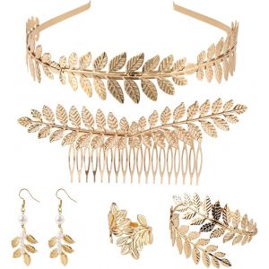 Kalvd-5pcs Accessoires D&eacute;esse Grecque Femme,Or Bijoux D&eacute;esse Grecque Bijoux D&eacute;esse Bandeau En Feuille Bague Manchette Boucles D'oreilles En Feuille De Perle Peigne &Agrave; Cheveux Accessoires De Toge - Neuf