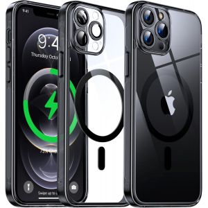 THEF-Coque Magnétique Transparente pour iPhone 12 Pro (6.1'') avec Objectif Film, [Compatible avec MagSafe] [Protection Antijaune & Antirayure & Antichoc] Etui Housse Dur avec Silicone Bord, Noir - Neuf