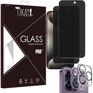 Kal-X4 Protection Écran Anti-Espion Couverture Complète Pour Iphone 15 Pro Max 6,7 Pouces [2 Ecran + 2 Caméra], Bord Noir Film Verre Trempé Kit D`Installation Facile, Compatible Coque, Lot 4 Verres - Neuf