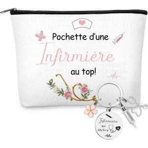 KALANKA-Cadeaux pour Infirmières 1 Trousse de Toilette 1 Porte-Clés Infirmière avec Seringue Fleurs et Stéthoscope Infirmière Qui Déchire Trousse de Maquillage Cadeau pour Infirmière Collègue Femme - Neuf