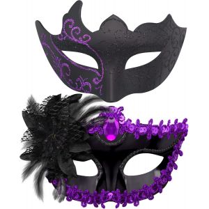 2 Pi&egrave;ces Masque V&eacute;nitien Couple Masque De Mascarade Bal Masqu&eacute; V&eacute;nitien Masque Pour Les Yeux Pour Femme Homme Halloween Mascarade Carnaval,Noir & Violet - Neuf