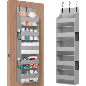 CHENG-Organisateur de porte à 5 étagères transparentes avec 4 poches latérales en maille filet - Rangement suspendu pour salle de bain, chambre à coucher, cuisine, dortoir, camping - Gris clair - Neuf