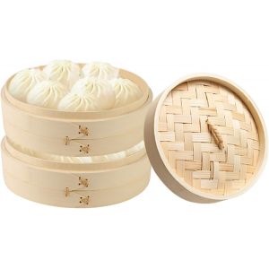 Subzonal-2 &Eacute;tages Panier Vapeur Bambou, Cuiseur Vapeur En Bambou Avec Couvercl, Cuisson Vapeur Asiatique, Pour Boulettes, Riz, Dim Sum, L&eacute;gumes, Viande (20 X 20 X 18.5 Cm) - Neuf