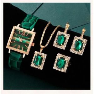 Vert - Ensemble 5 Pcs Montre Carré Luxe Femme Cuir Élégante Verte Et Magnifique Parure Assortie Collier Boucles Oreilles Bague Cadeau - Neuf
