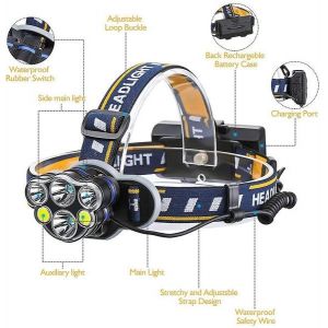 Lampe Frontale Rechargeable Ultra Lumineuse De 18 000 Lumens Avec 8 Modes, Conception Étanche Et Sac De Rangement - Parfait Pour Les Aventures En Plein Air ! - Neuf