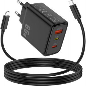 65w Chargeur Usb C Rapide Pour Iphone 16e 16 15 Pro Max,3 Ports Pd Qc Chargeur Laptop Gan Avec 1,8m 65w Câble Usb C Pour Macbook Pro/Air Pad Air Thinkpad Dell Xps 13 Hp Galaxy A16 A06 A56 A36 A55 - Neuf