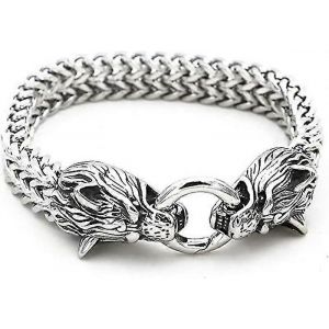 Bracelet T&ecirc;te De Loup Viking Newway Compatible Avec Les Hommes, Cha&icirc;ne En Acier Inoxydable, Bijoux Nordiques, Amulette De Motard, Bracelets Loup D'odin - Neuf