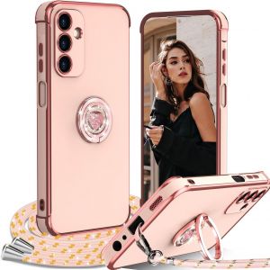 Kal-Coque Avec Cordon Pour Samsung Galaxy S24 Fe 5g, Avec Anneau De Support Coeur,Étui Housse Antichoc Souple Silicone Tpu Bumper Portable Protection Case Avec Amovible Collier, Rose - Neuf