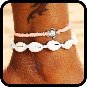 Boho Bracelet De Cheville Double En Forme De Tortue En Argent Avec Perles Tressées Pour Femmes Et Filles (Rose) - Neuf