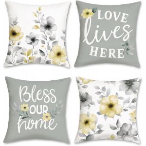 KSFAL-Housses De Coussin Fleurs Aquarelle Floral Gris Jaune Moderne Ferme Velout&eacute; Taies D'Oreiller D&eacute;coratives Pour Canap&eacute; Lit Maison Jardin 45X45 Cm 4 Pi&egrave;ces - Neuf