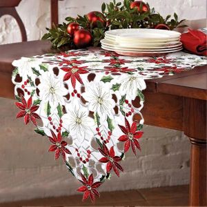 No&euml;l Brod&eacute; Chemins De Table Poinsettia Houx Feuille De Linge De Table Pour Les D&eacute;corations De No&euml;l 15 X 70 Pouces - Neuf