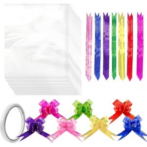 Papier Cadeau Emballage Cellophane Fleuriste Transparent 70 X 70cm Avec N?uds À Tirer En Ruban Pour Emballage Des Cadeaux Fleurs Fabrication De Paniers De Cadeaux Artisanat Panier Lot De 20 - Neuf