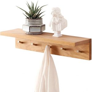 Mevronisshop-Ch&ecirc;ne Etagere Murale Avec Crochets, 50cm Flottante Etagere Murale En Bois Massif, Patere Portemanteaux Avec Etag&egrave;re Pour Salle De Bain, Chambre, Salon, Entr&eacute;e, Bureau (50cm - 5crochets) - Neuf