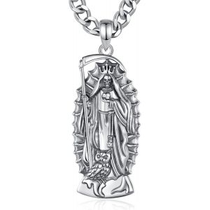 Collier Sainte Mort En Argent Sterling S925 Pour Homme Et Femme, Pendentif Vintage Santa Muerte Sainte Mort, Amulette Cr&acirc;ne Faucheuse Bijoux Cadeaux Originaux, 55,9 Cm + 5,1 Cm - Neuf