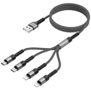 Thef-Câble Multi Chargeur, Câble 4 En 1[1.2m] Câble Multi Usb De Chargement En Nylon Avec Micro Usb Type C Lightning Câble Pour Iphone, Samsung Galaxy S24, Huawei, Honor, Oneplus- Gris - Neuf