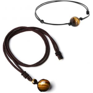 Kal-1 Collier En Pierre D'oeil De Tigre, 1 Bracelet En Pierre D'oeil De Tigre, Collier Pour Homme, Bijoux Pendentif En Pierre Ronde Pour Femme, Décoration De Collier De Perles, Bracelet Réglable - Neuf