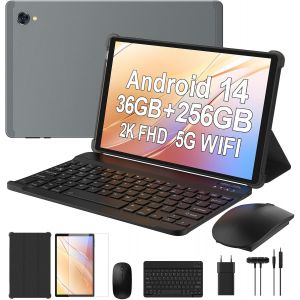 KALWS-Tablette 10,3 Pouces Android 14,Octa-Core 2.0 Ghz,2K Fhd,2.4G+5G Wifi,36Gb Ram+256Gb Rom (2Tb Tf),8000Mah,13Mp+8Mp,Gps,Bluetooth 5.0,Face Id,Tablette Avec Clavier,Souris(Gris) - Neuf