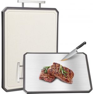 Grande planche &agrave; d&eacute;couper en acier inoxydable double face avec graduation, en acier inoxydable et polypropyl&egrave;ne antibact&eacute;rien avec coussinet en silicone antid&eacute;rapant, poign&eacute;e pratique, 38 x 28 - Neuf