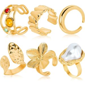 Kahfl-Lot De Bague Femme Or,6 Pi&egrave;ces Bagues &Eacute;paisses En Or,Baroque Bague Perle,R&eacute;glable Bague Ouverte Femme,Vintage Bagues Empilables,Grosse Bague Ajustable - Neuf